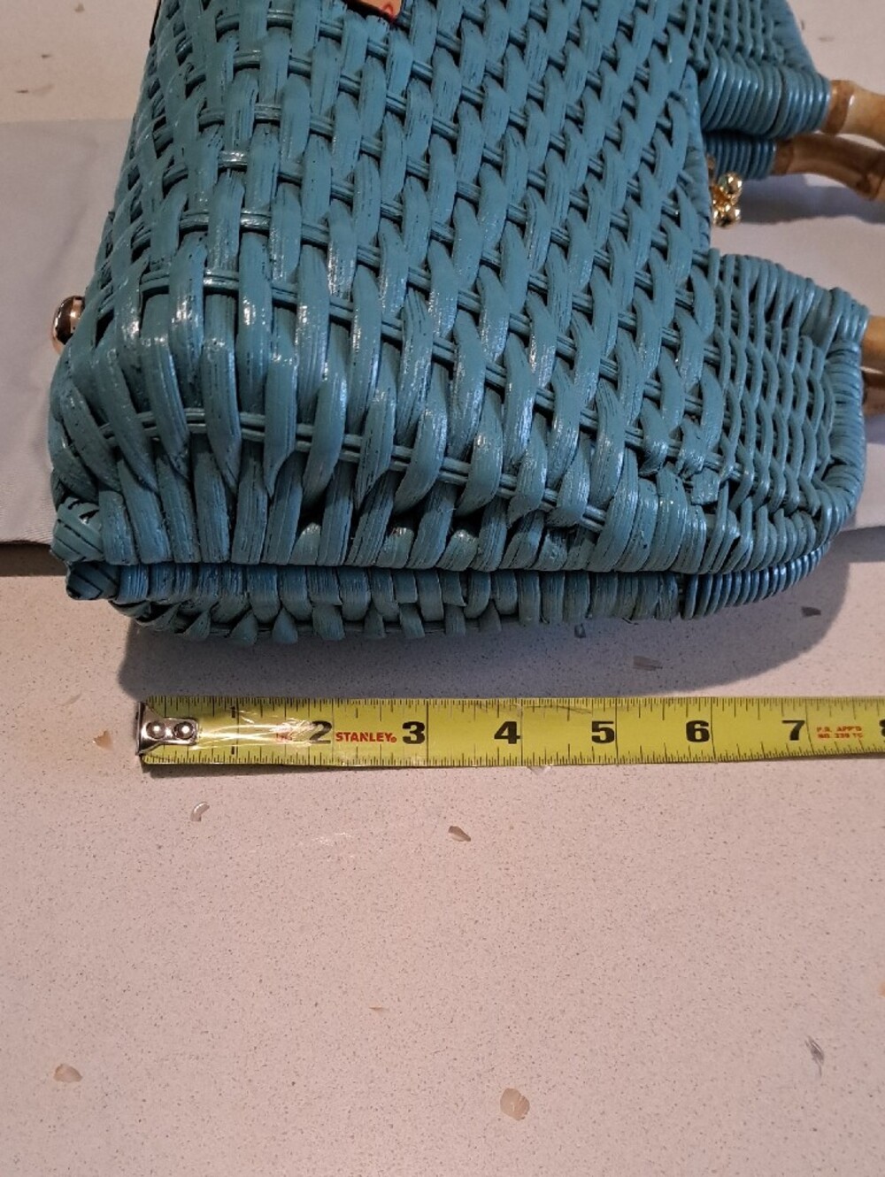 Frances Valentine Teal Buzzy Basket Woven Tote with Bamboo Top Handle - Picture 16 of 16